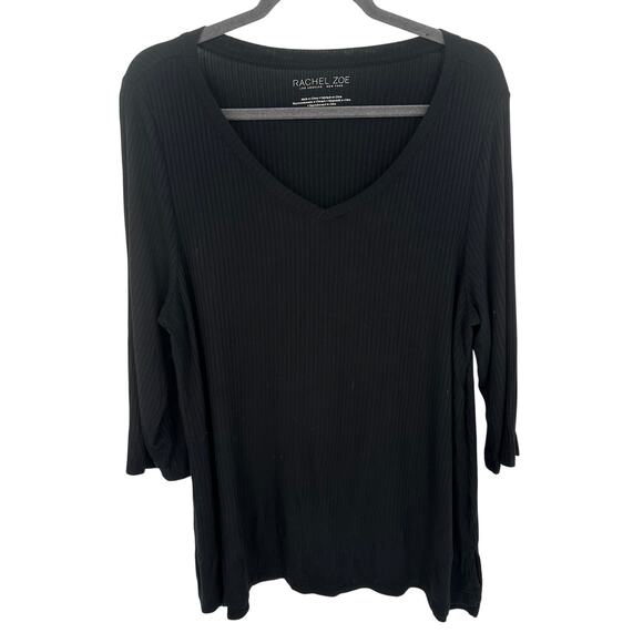 Rachel Zoe Black Ribbed V-Neck 3/4 Sleeve Blouse Relaxed Casual Stretch 1X - Picture 1 of 7